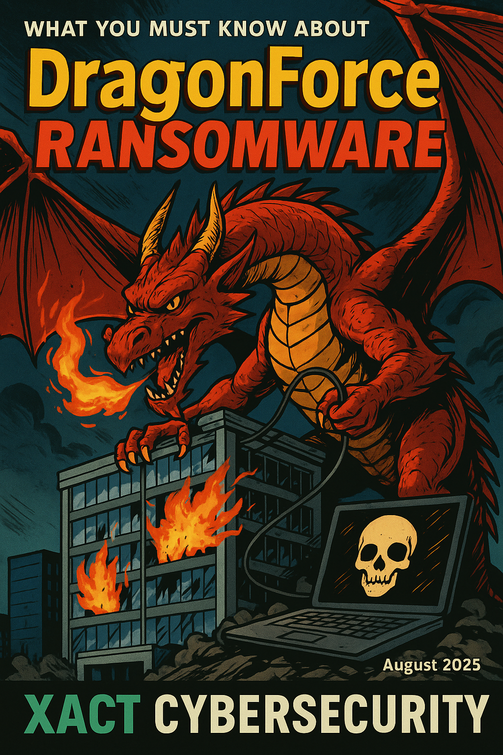 1 Comic-style illustration of a red dragon symbolizing DragonForce ransomware attacking a corporate office, with flames, a hacked laptop, and the words DragonForce Ransomware Response.
