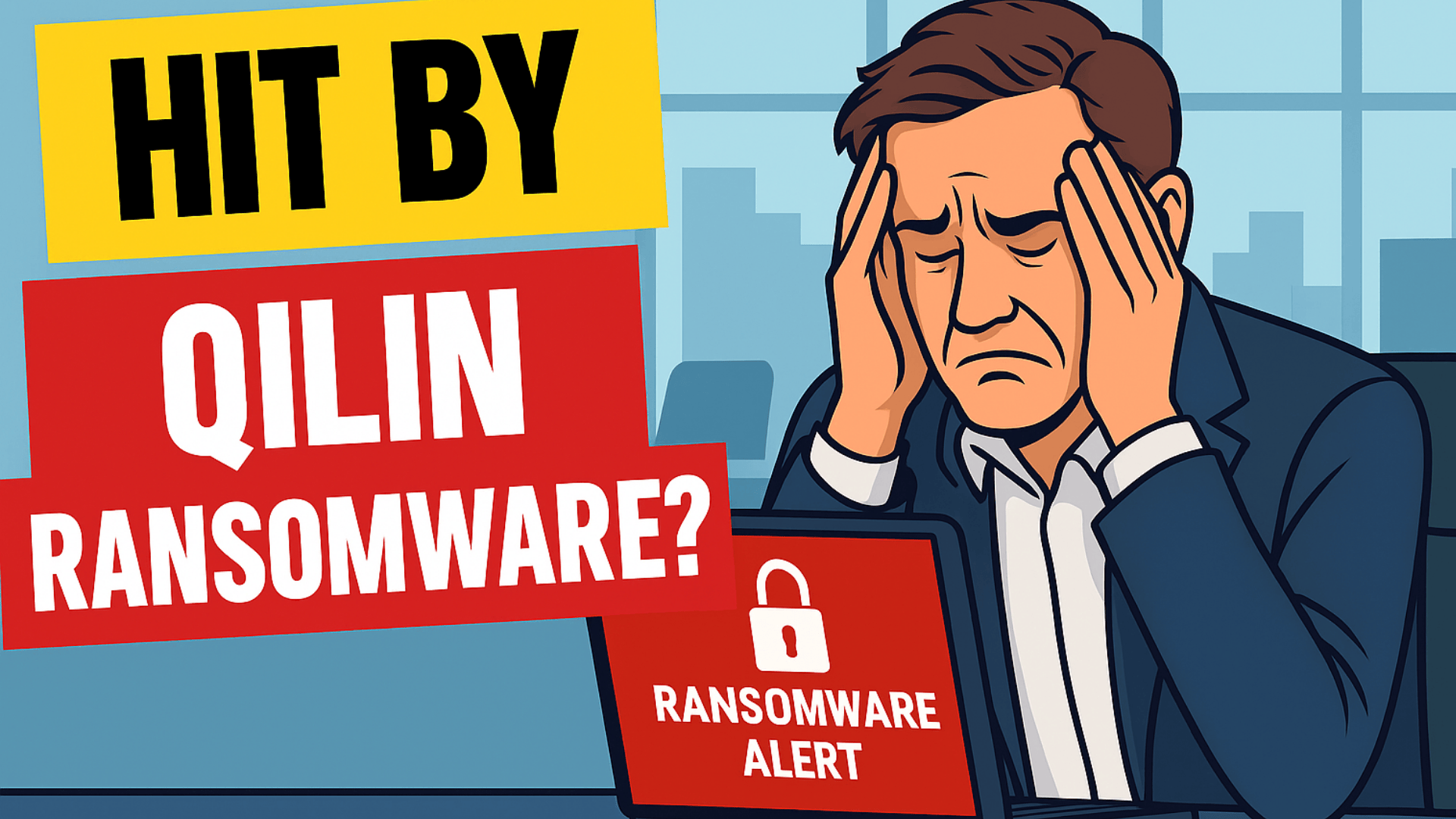 1 Stressed CEO at laptop with ransomware alert screen – Qilin ransomware attack help and response
