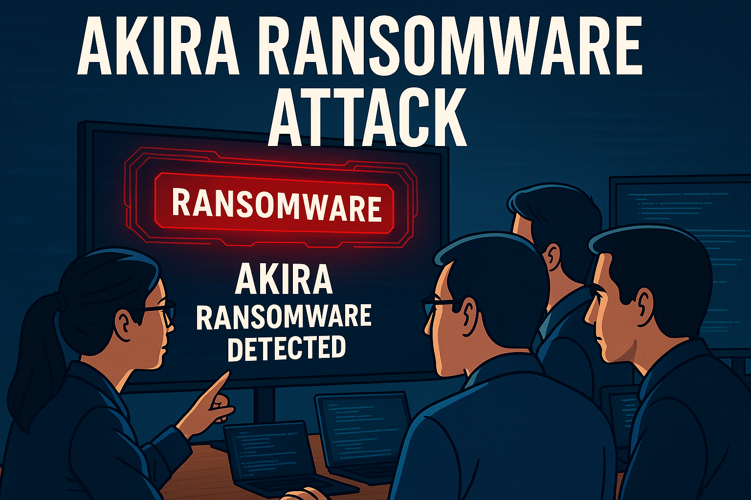 1 Cybersecurity incident response team analyzing Akira ransomware attack alert on screen in a modern office